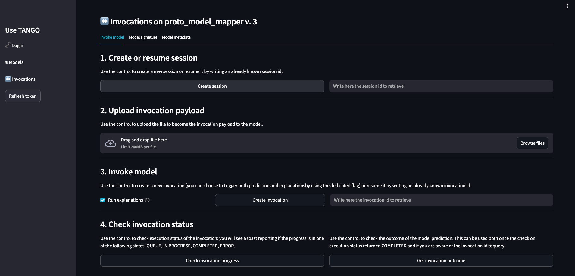 Model details and session creation Model details